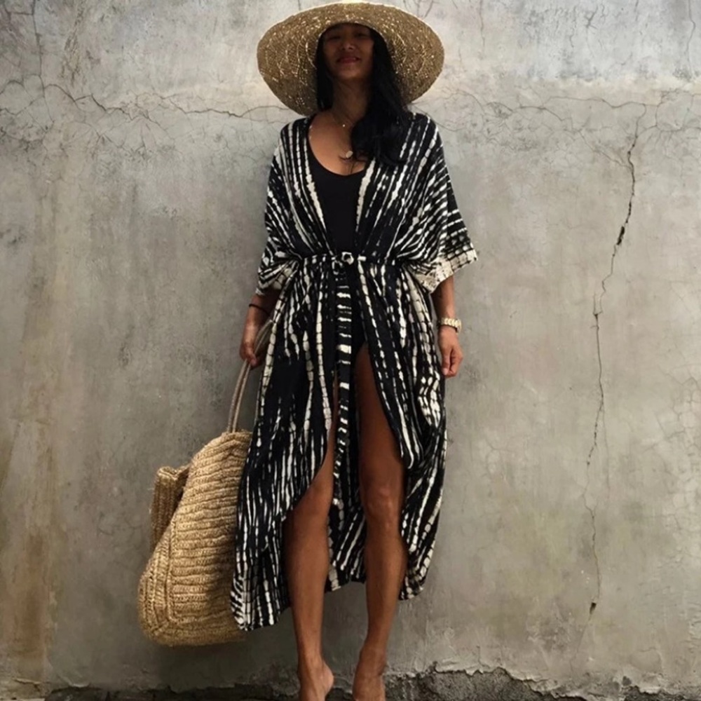 Black Tie Dye Boho Swim Coverup Kimono Robe - Picture 2 of 4